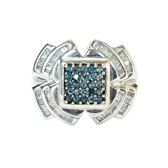 10K White Gold Blue & White Diamond Ring, Baguette Accents, 1ctw, AVD
